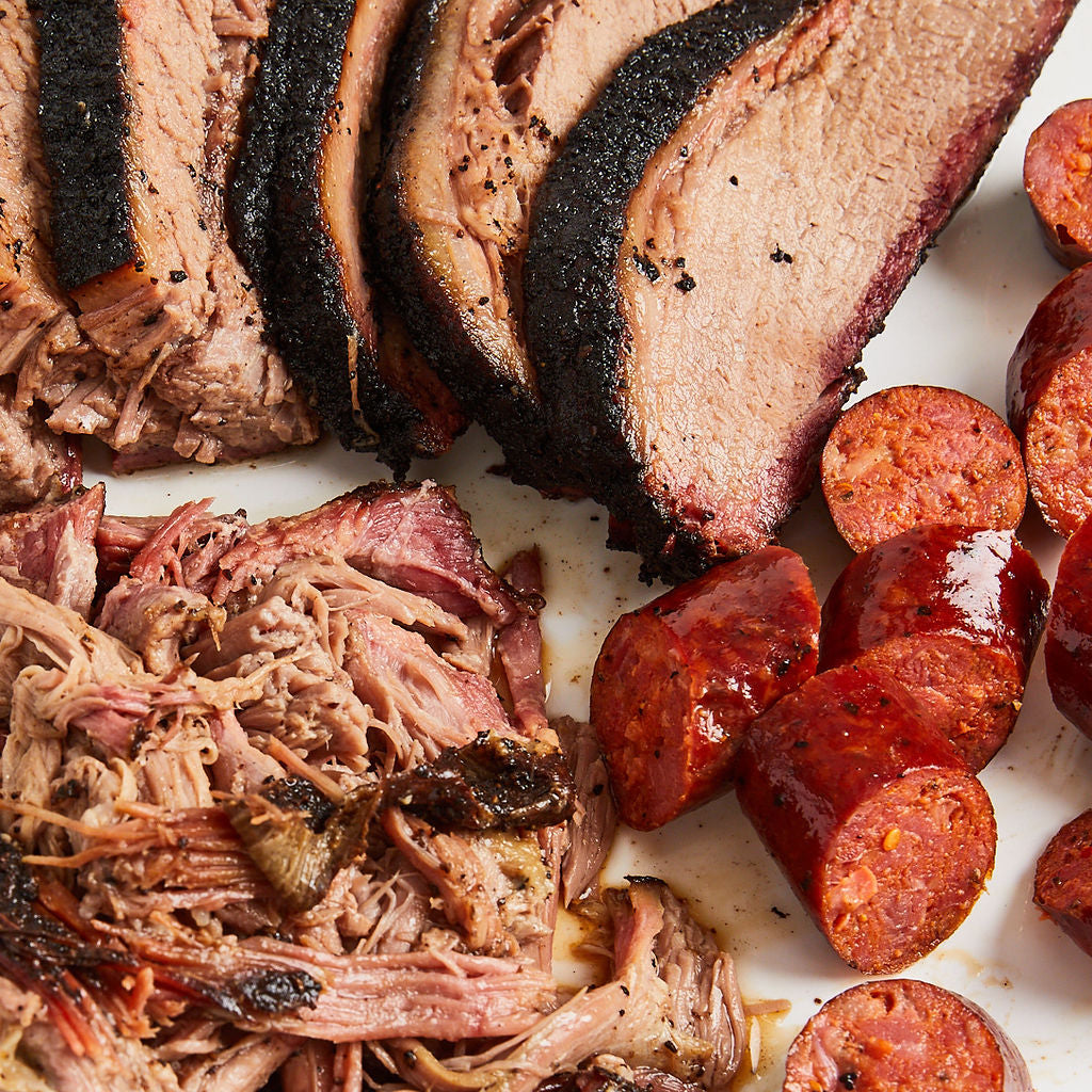 ALL THE MEATS: 6-8 Person Brisket + Beef & Pork Ribs + Pulled Pork + Turkey + Sausage + BBQ Sauces